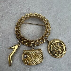 Gold Tone Charm Brooch Show‎ Purse Monogram